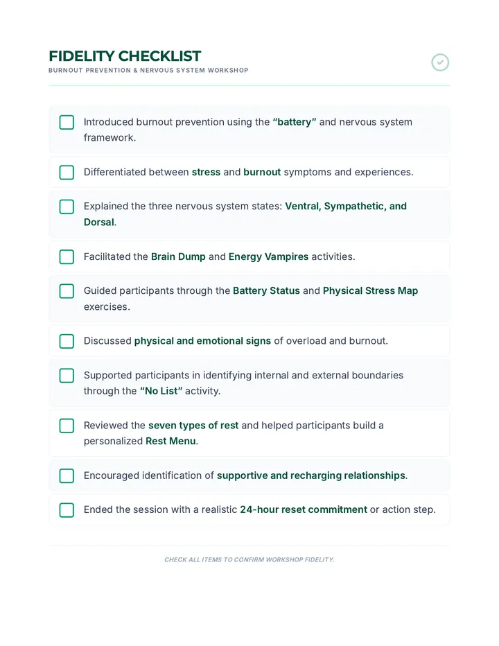 Fidelity Checklist Document page 1