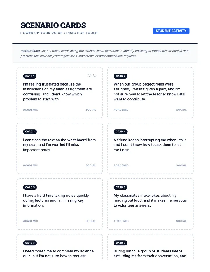 Self-Advocacy Scenario Cards Worksheet