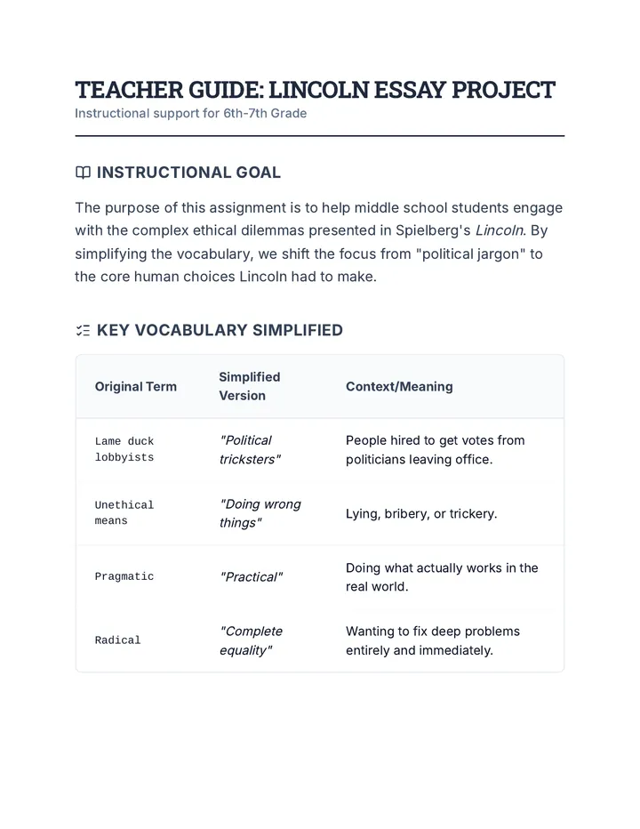 Lincoln Essay Teacher Guide