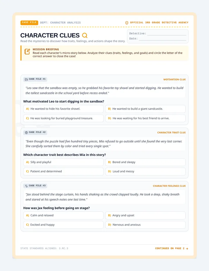 Character Clues Worksheet