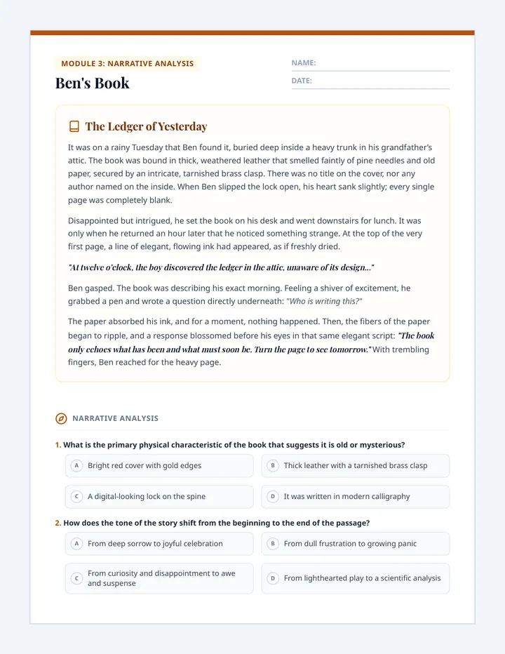 Bens Book Worksheet page 1