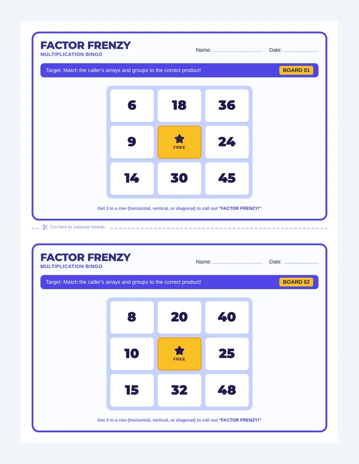 Factor Frenzy Bingo Boards