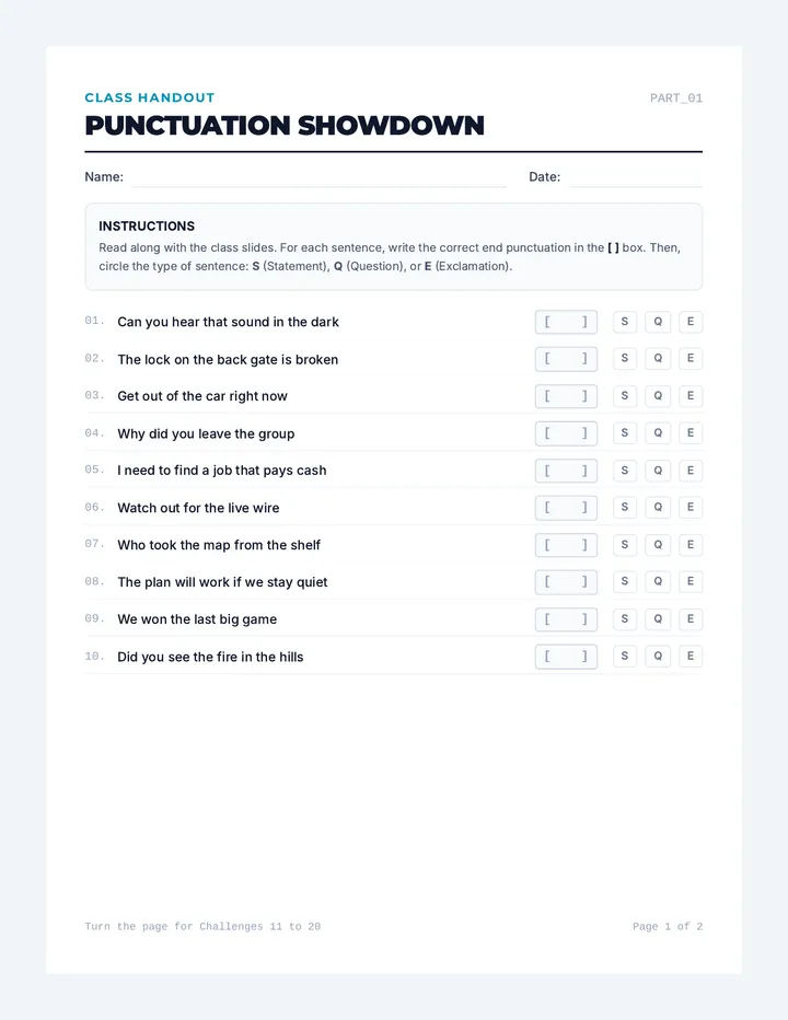 Punctuation Showdown Worksheet