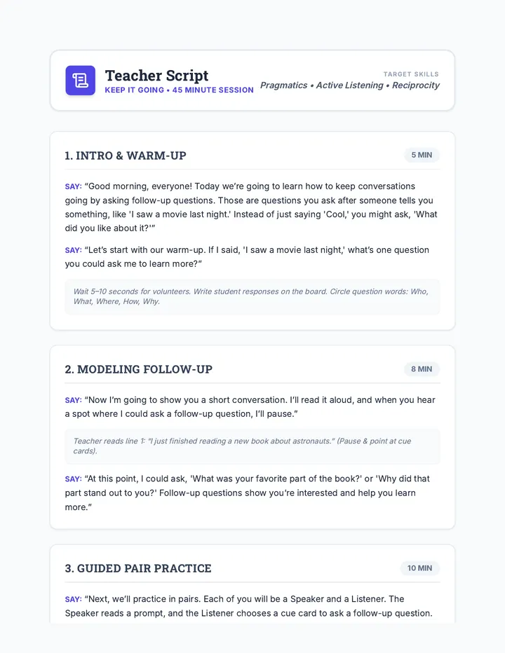Keep It Going Teacher Script