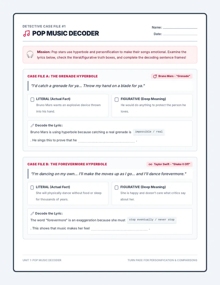 Pop Music Meanings Worksheet