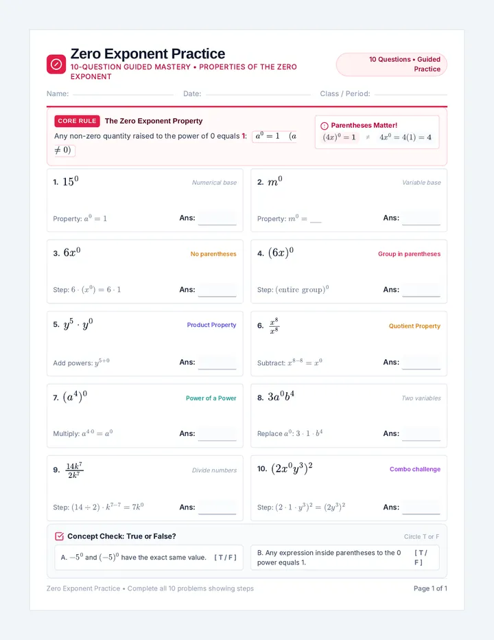 Zero Exponent Practice Worksheet