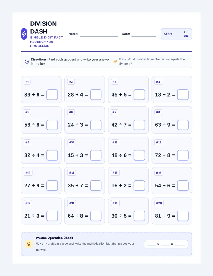 Division Dash Worksheet