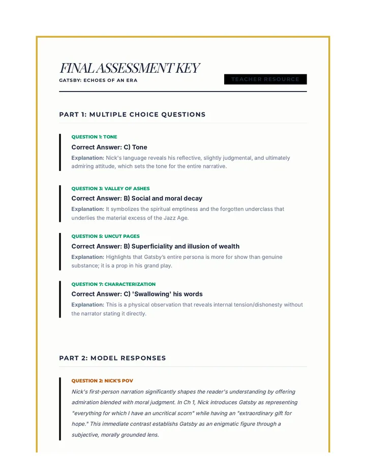 Gatsby Final Assessment Answer Key