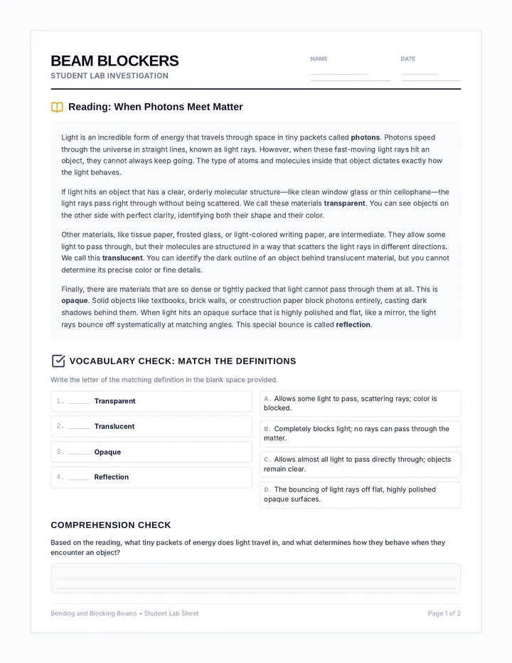 Beam Blockers Student Lab Sheets
