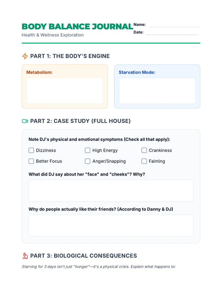 Body Balance Journal Worksheet