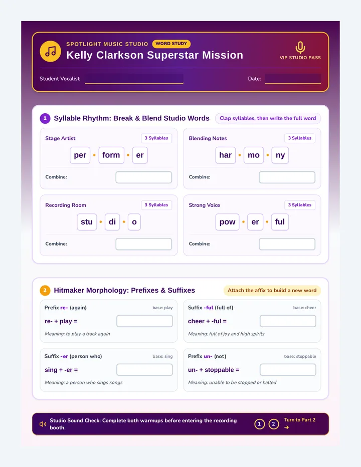 Kelly Clarkson Reading Activity