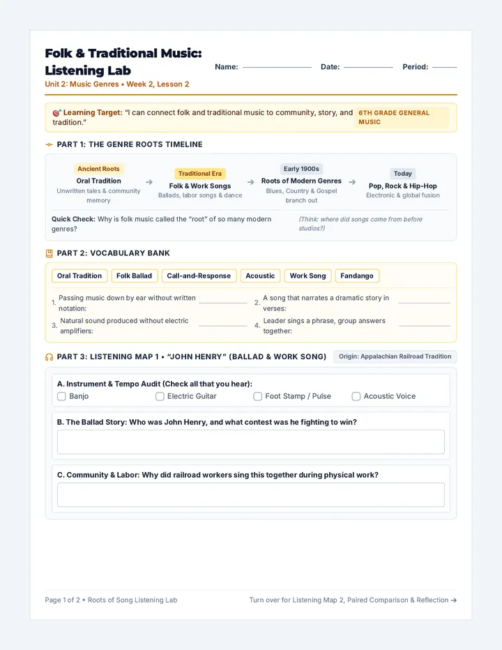 Folk Listening Lab Worksheet