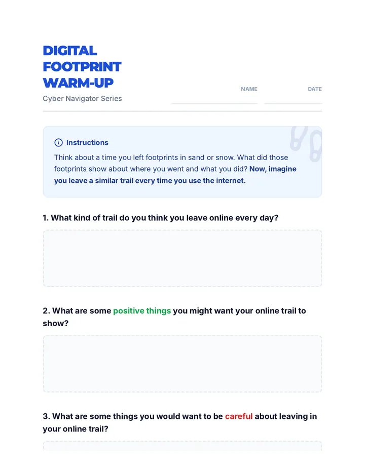Digital Footprint Warm Up Worksheet