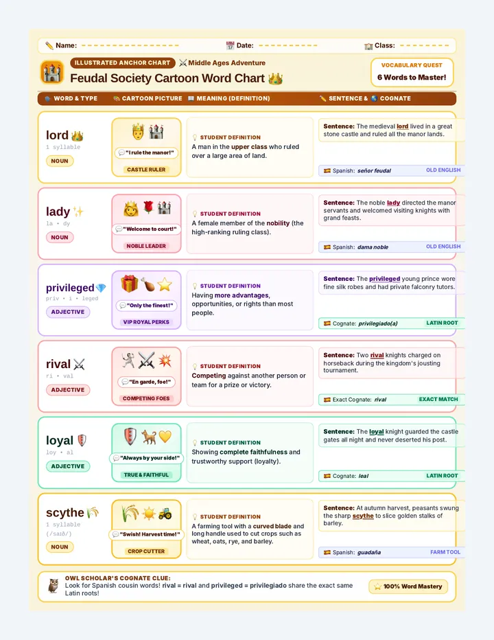 Medieval Words Vocabulary Chart