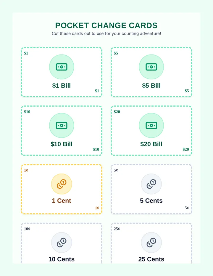 Pocket Change Cards Worksheet