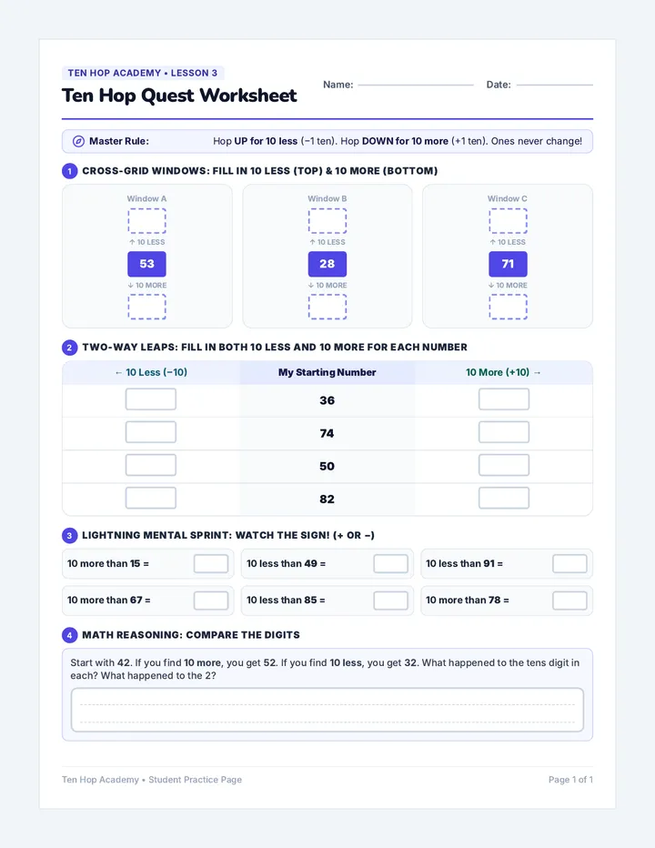 Ten Hop Quest Worksheet
