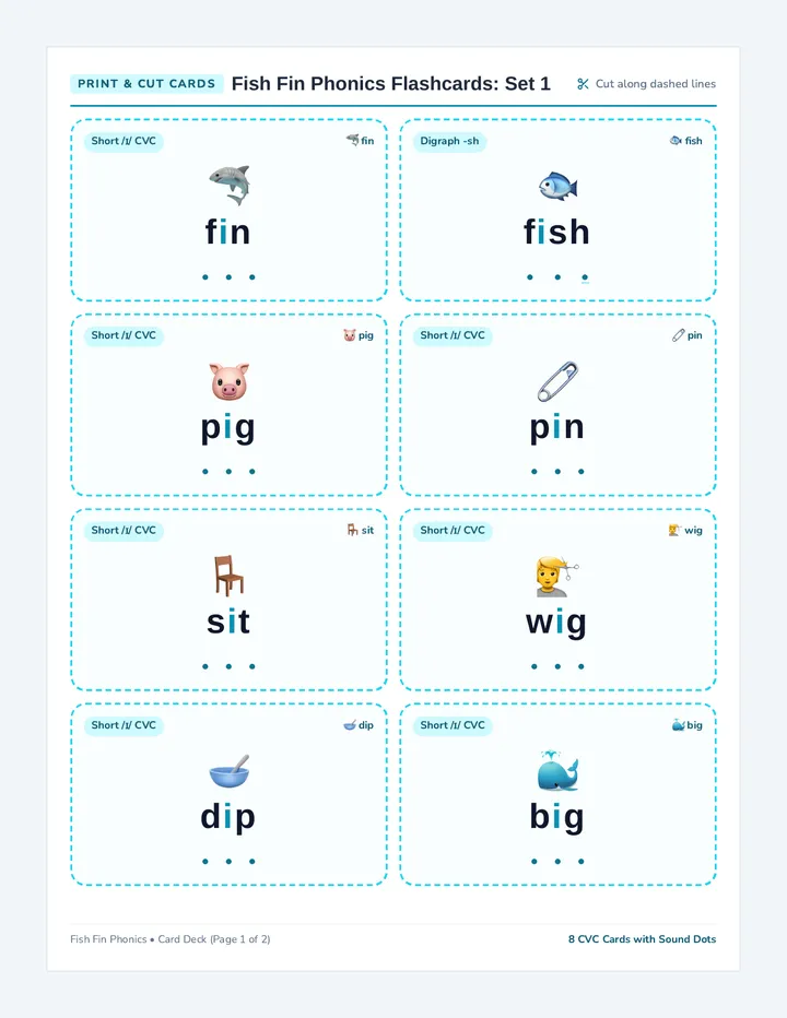 Fish Fin Phonics Flashcards
