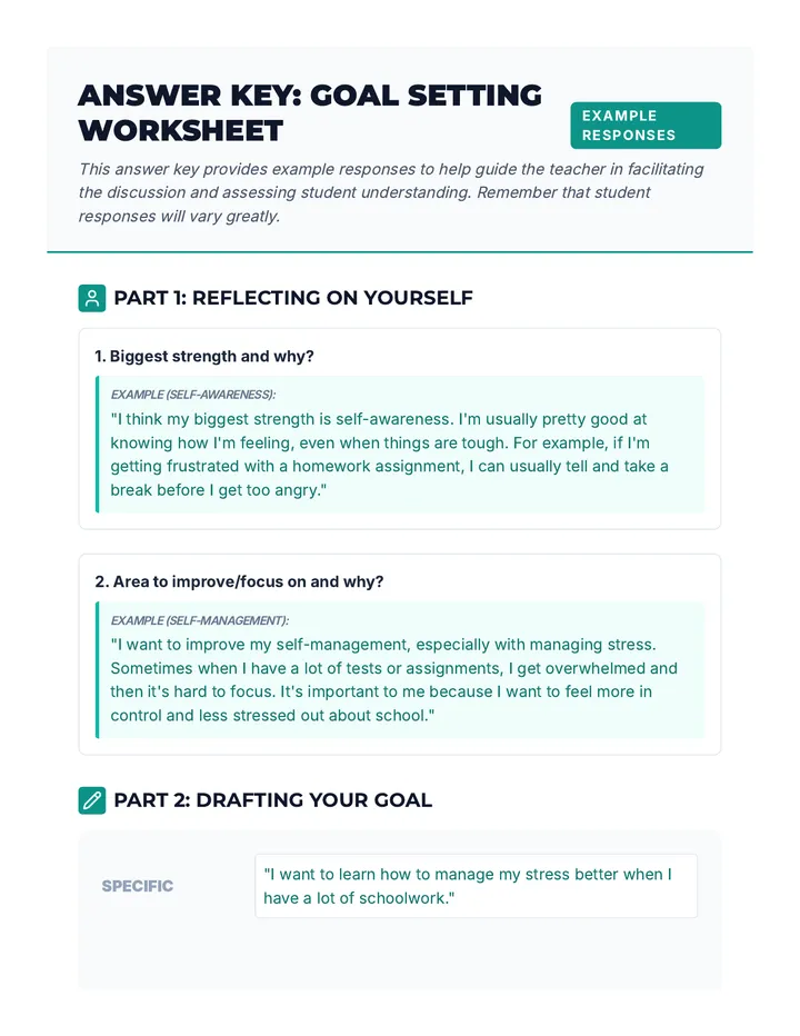 Answer Key Goal Setting Worksheet