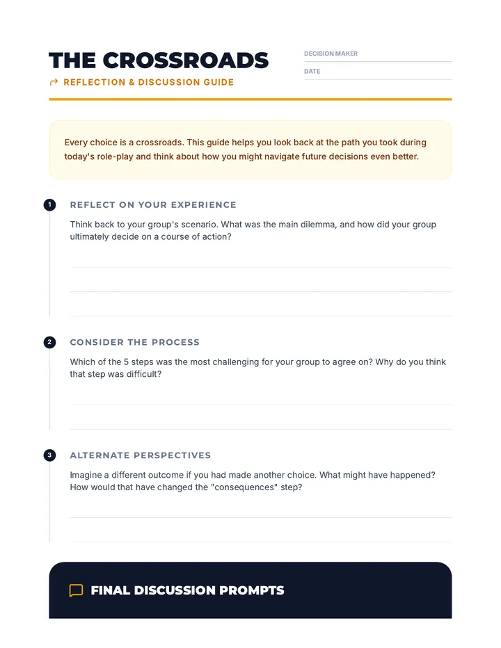 The Crossroads Reflection Worksheet
