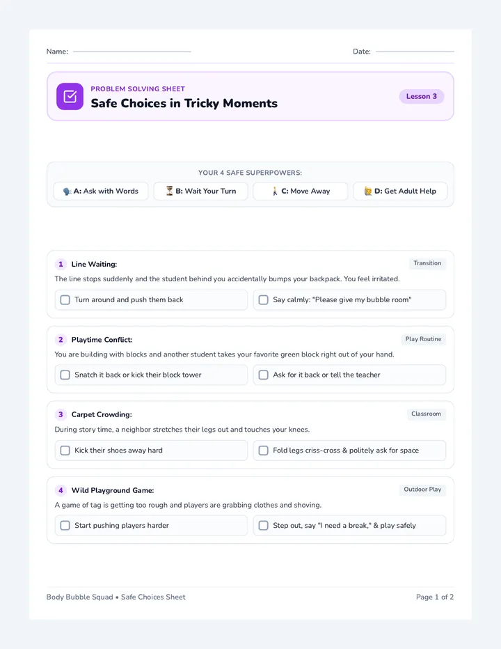Safe Choices Action Worksheet