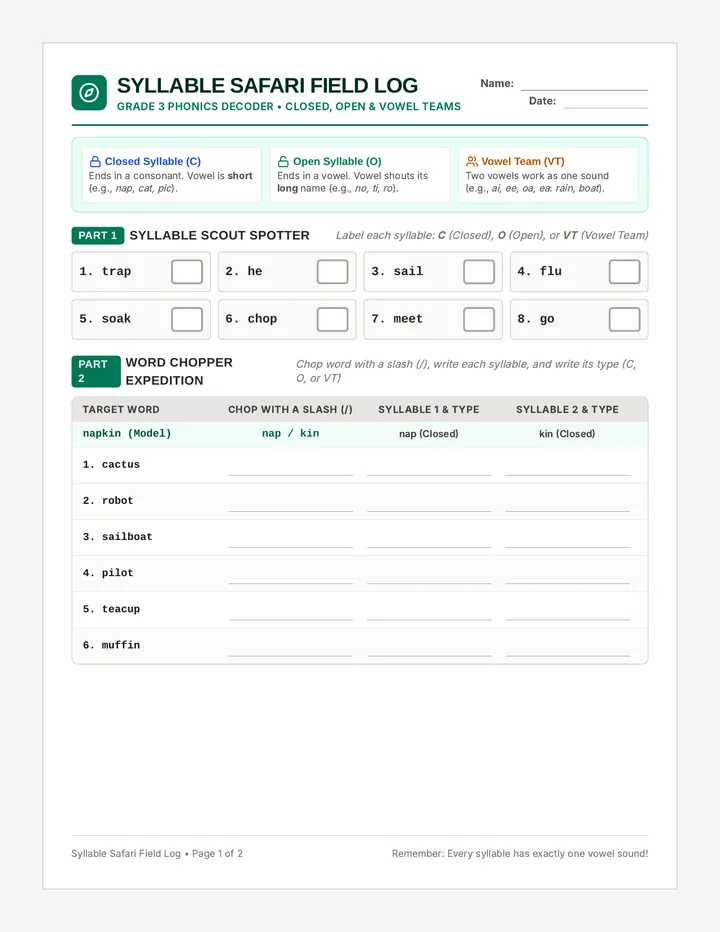 Syllable Safari Worksheet