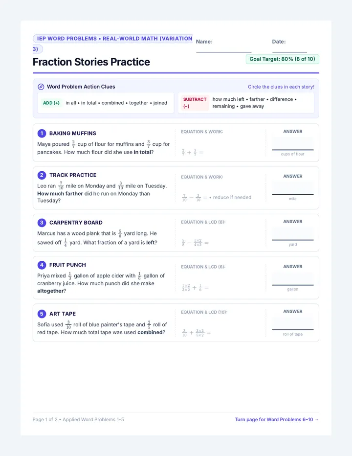 Fraction Stories Practice Worksheet