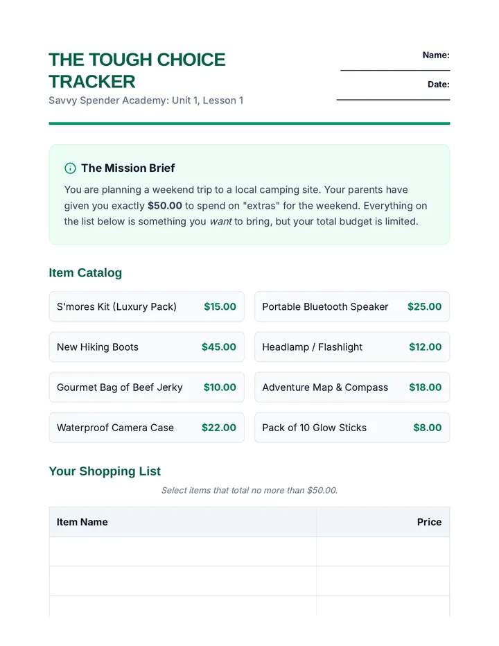 Tough Choice Tracker Worksheet