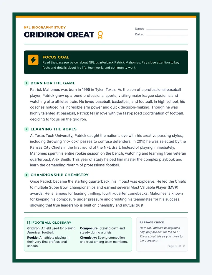 Gridiron Great Worksheet