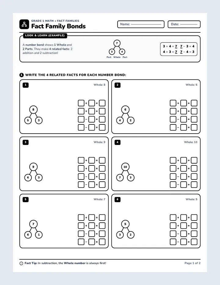 Fact Family Bonds Worksheet