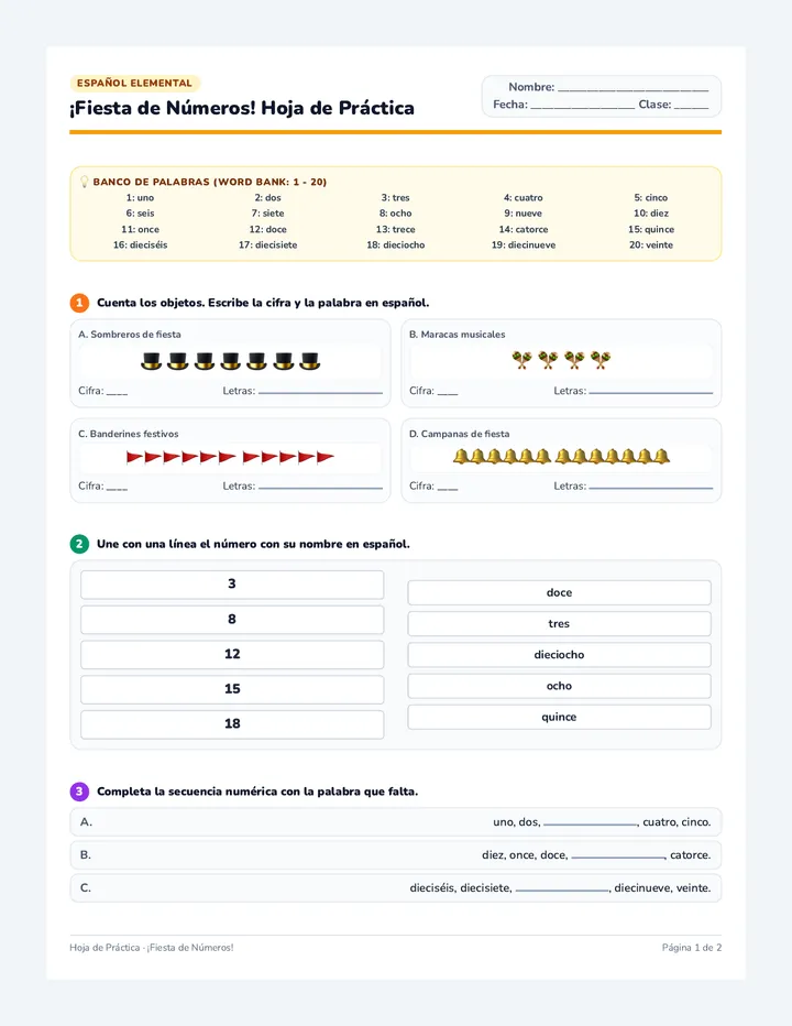 Numero Fiesta Student Worksheet