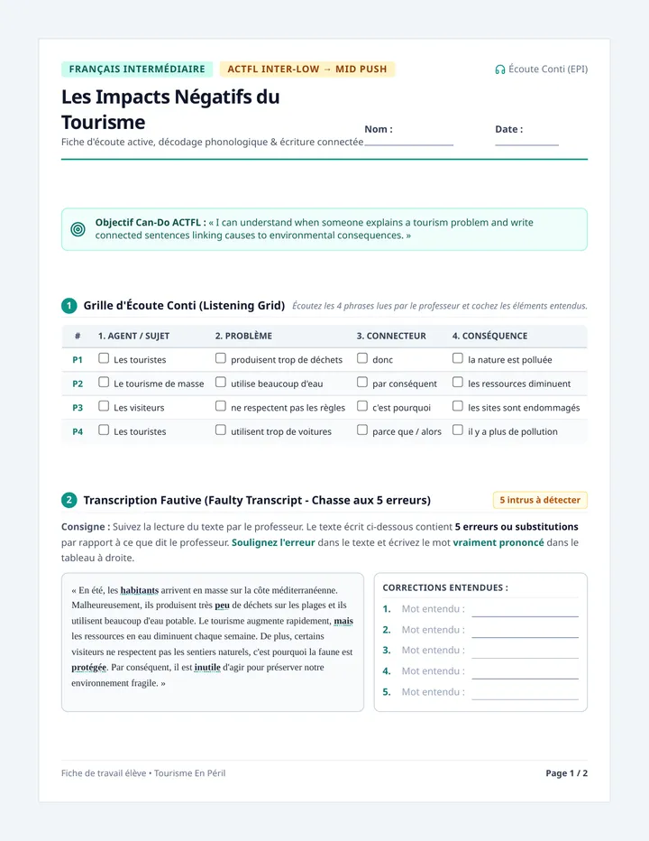 Impacts Tourisme Listening Worksheet