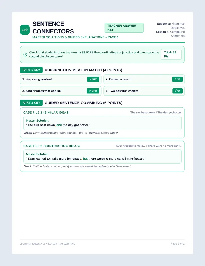Sentence Connectors Answer Key