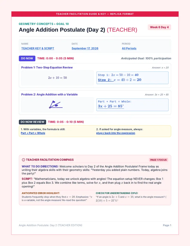 Angle Addition Day 2 Teacher Packet
