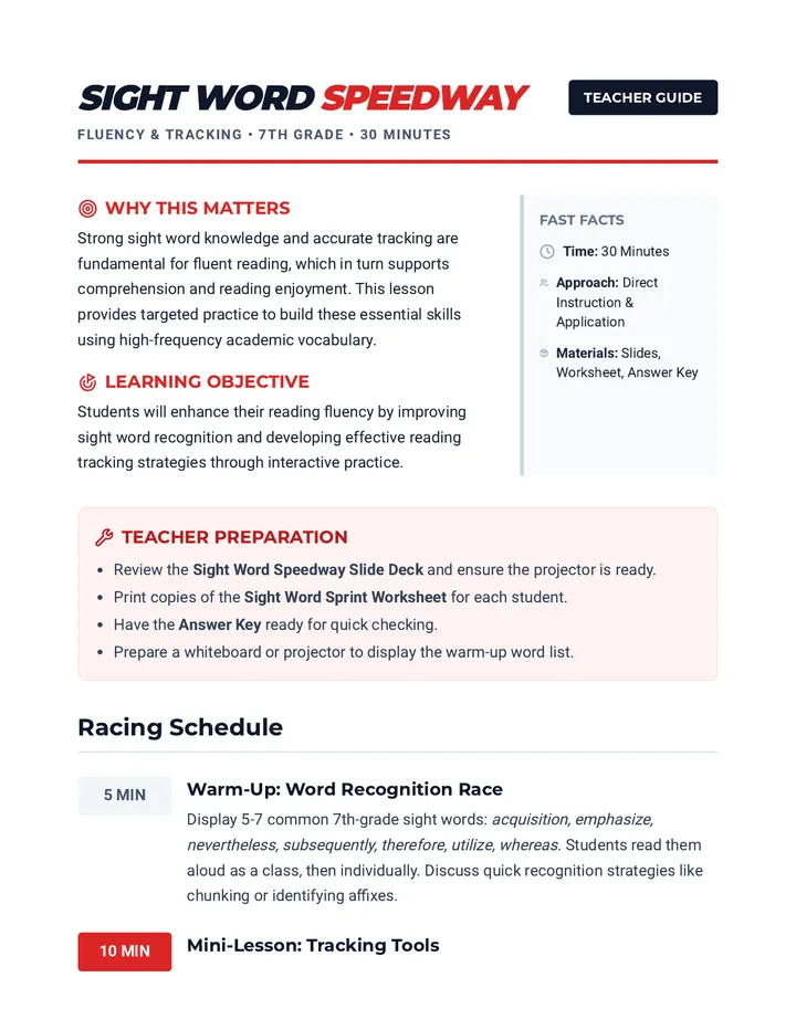 Sight Word Speedway Teacher Guide