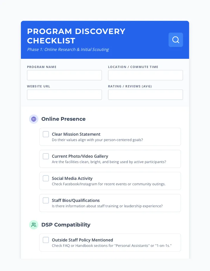 Program Discovery Checklist Worksheet page 1