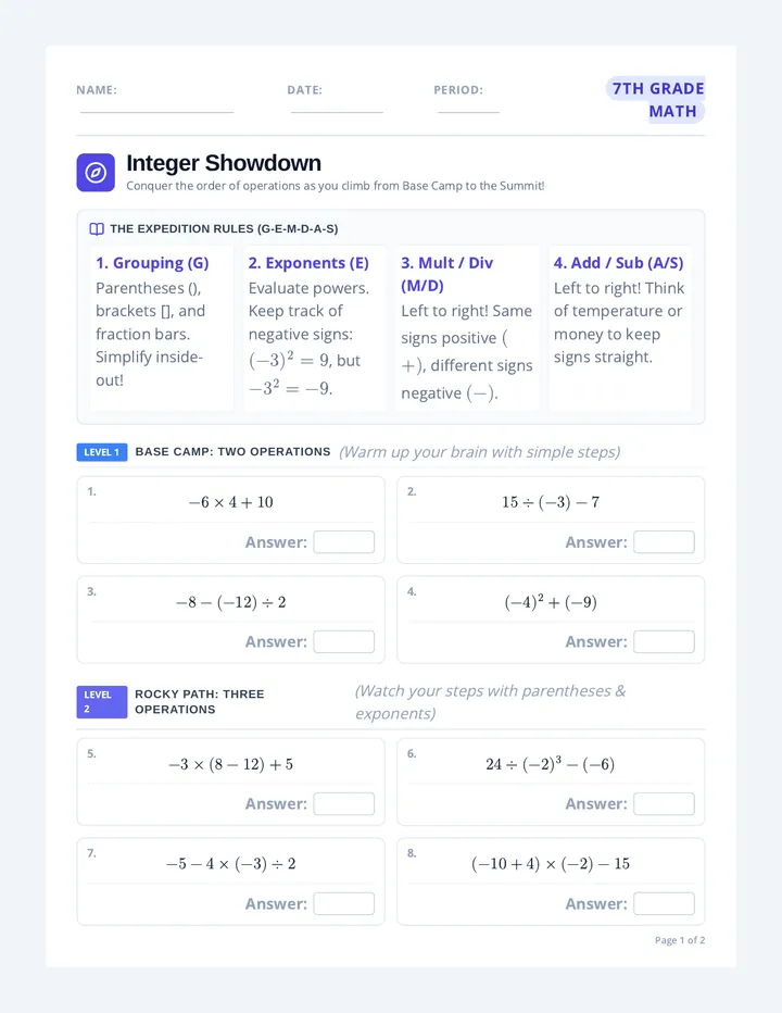 Integer Showdown Worksheet