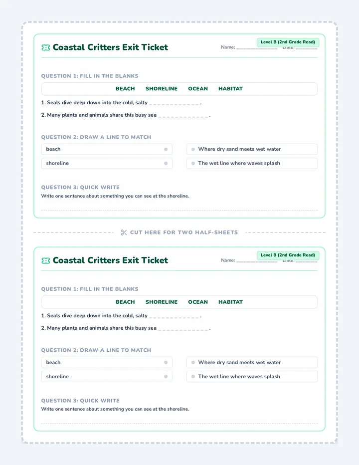 Coastal Critters Exit Ticket