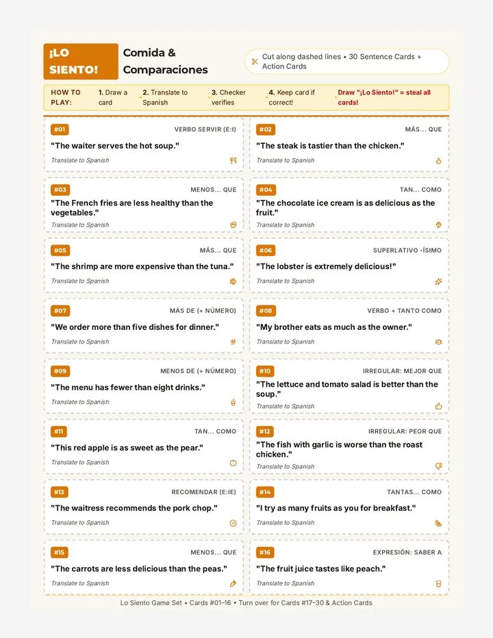 Lo Siento Cards Activity