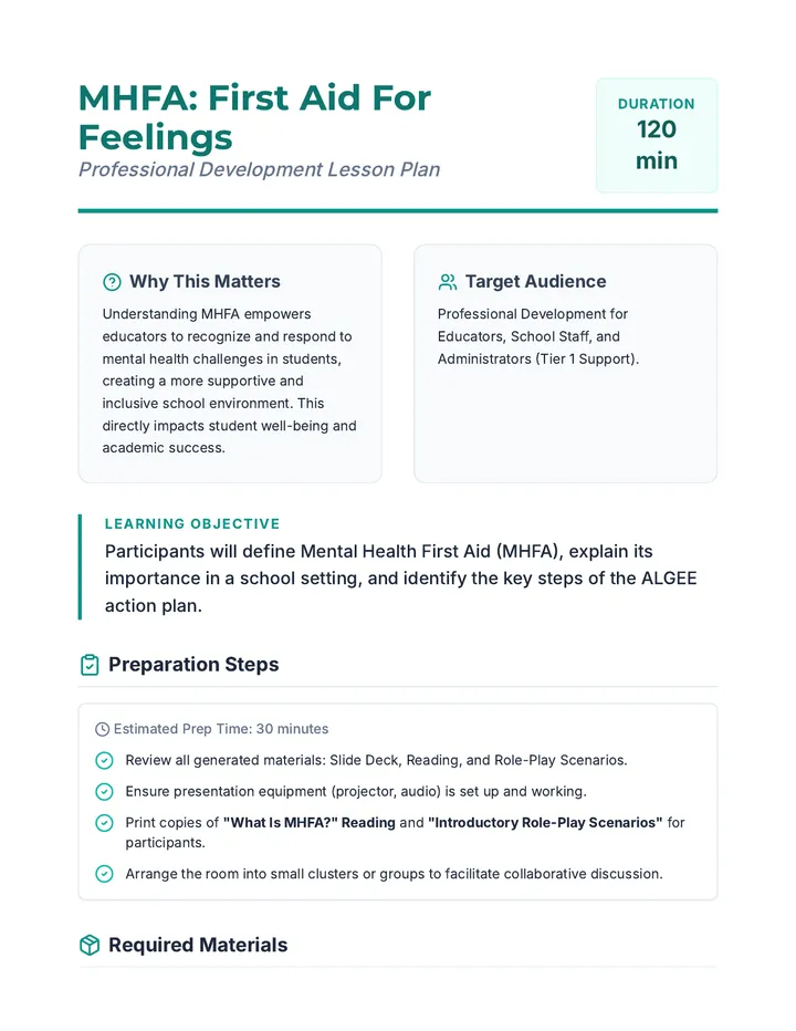 MHFA First Aid For Feelings Lesson Plan