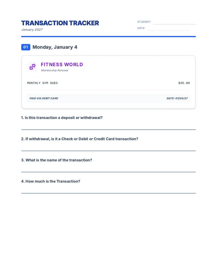 January Transaction Tracker Worksheet Fixed