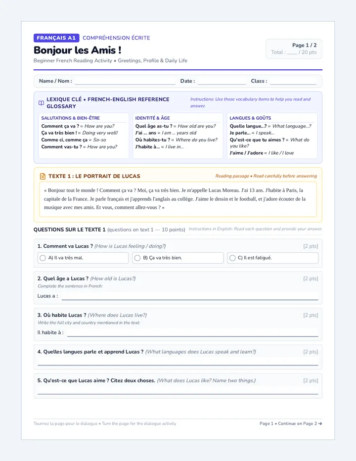 Bonjour Les Amis Worksheet