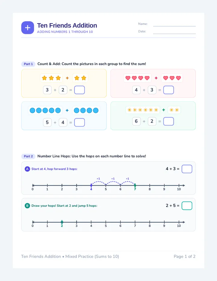 Ten Friends Addition Worksheet