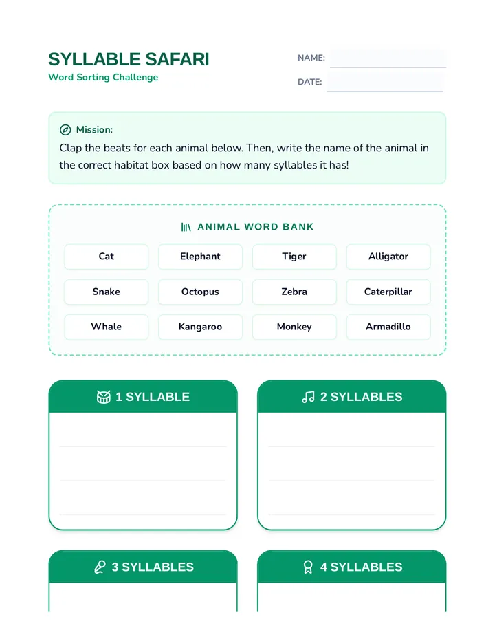Syllable Safari Sorting Worksheet