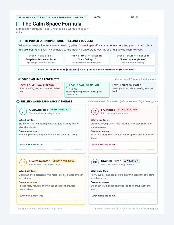 Calm Space Practice Worksheet