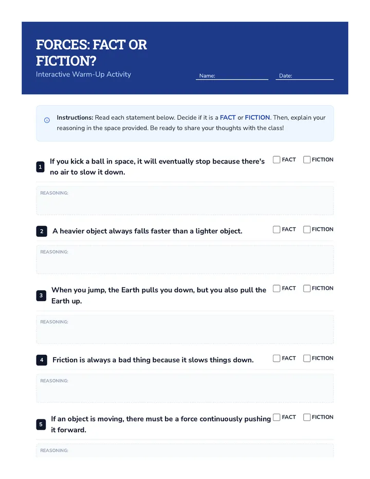 Forces Fact or Fiction Warm Up