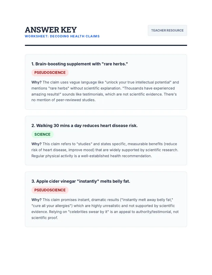Decoding Health Claims Answer Key
