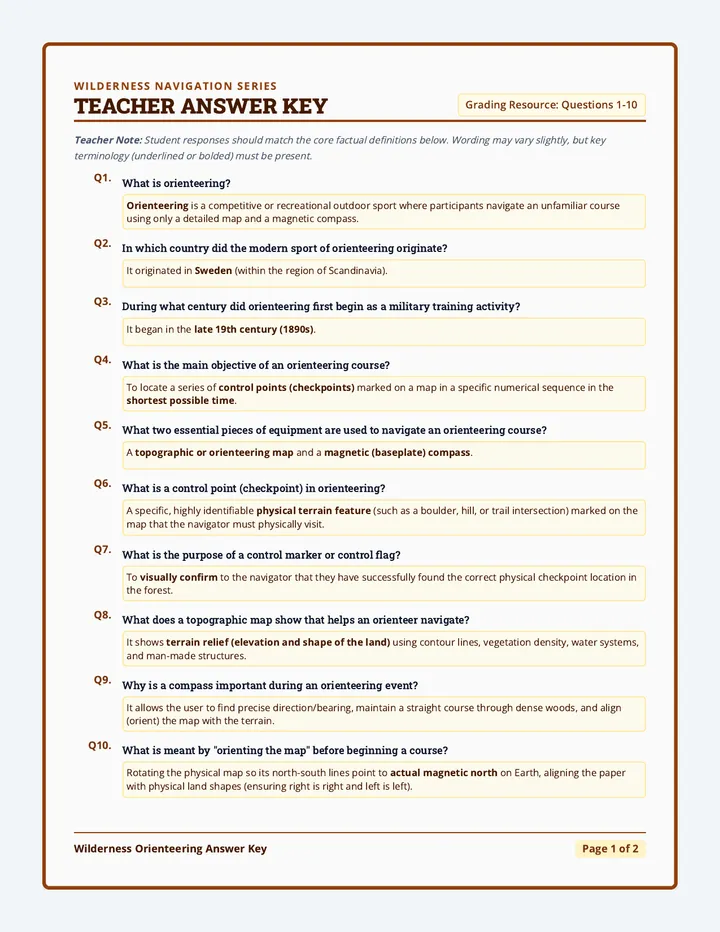 Wilderness Navigation Answer Key