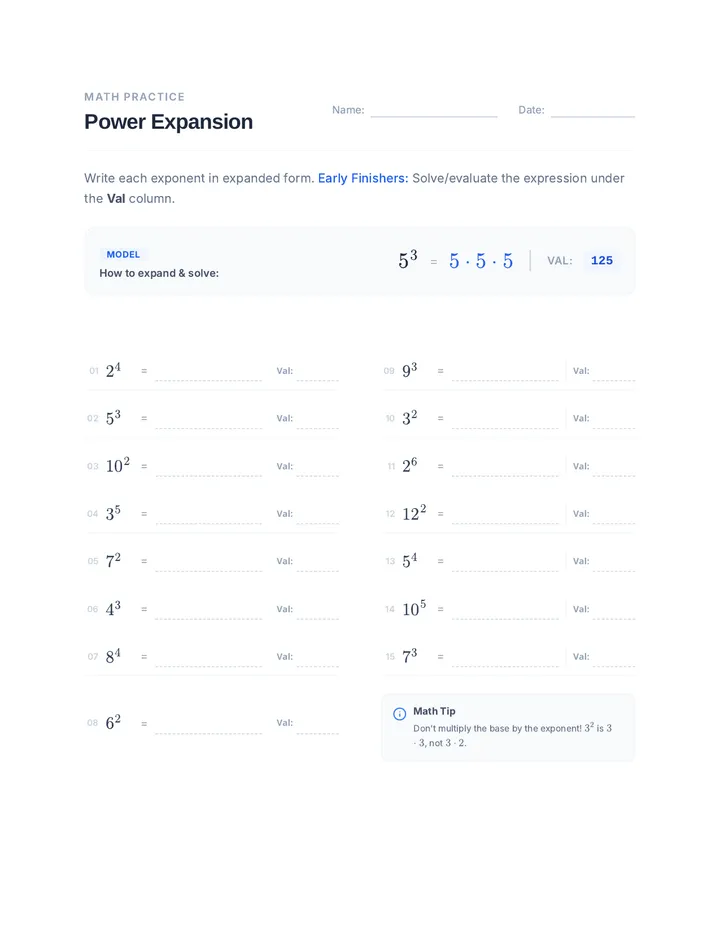 Power Expansion Worksheet