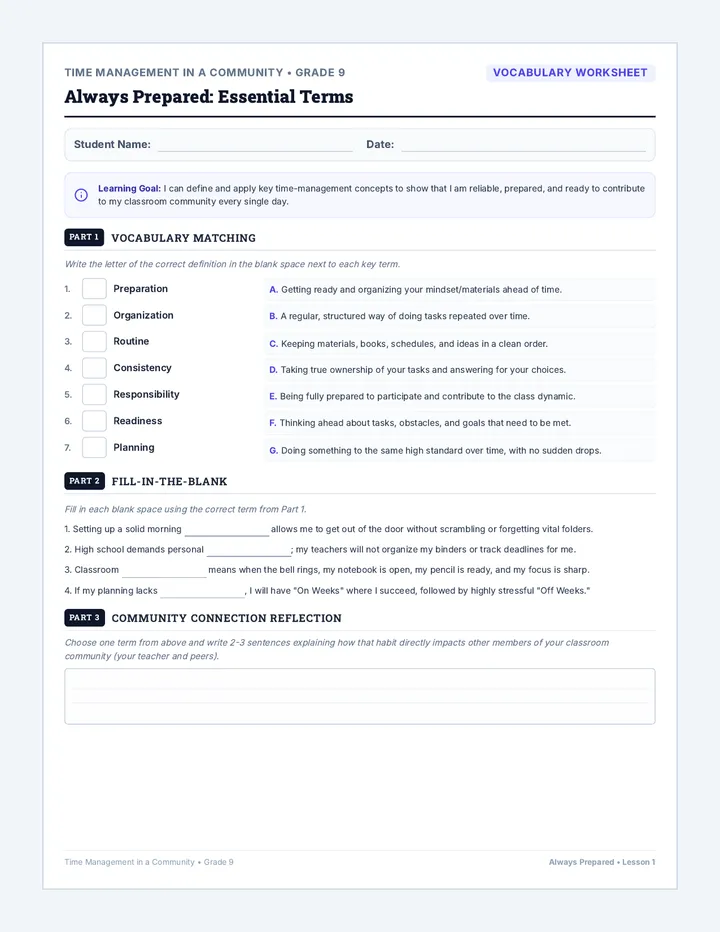 Always Prepared Vocabulary Worksheet