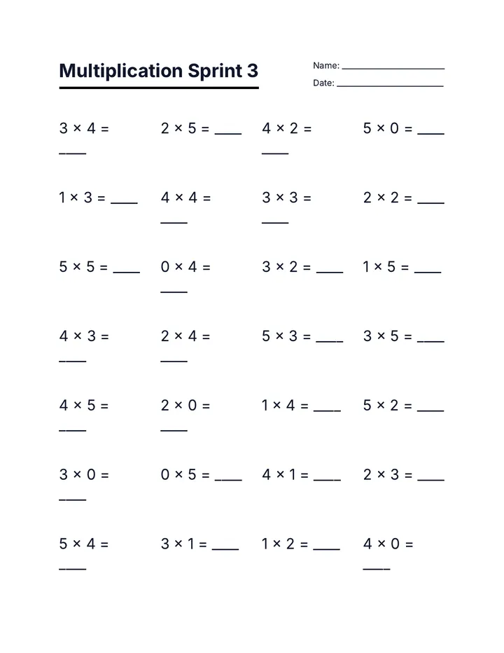 Multiplication Sprint 3 Worksheet